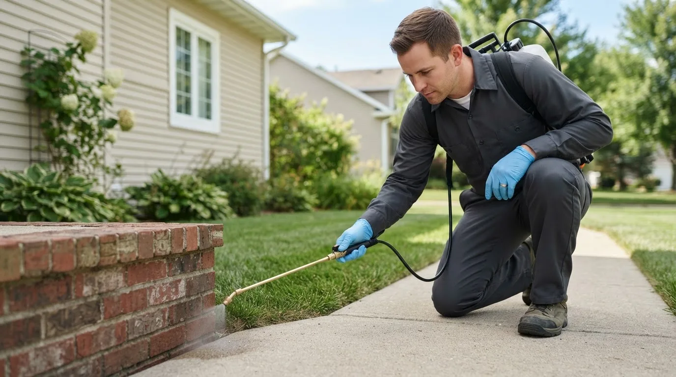 Pest control technician treating a home near Springville, IA