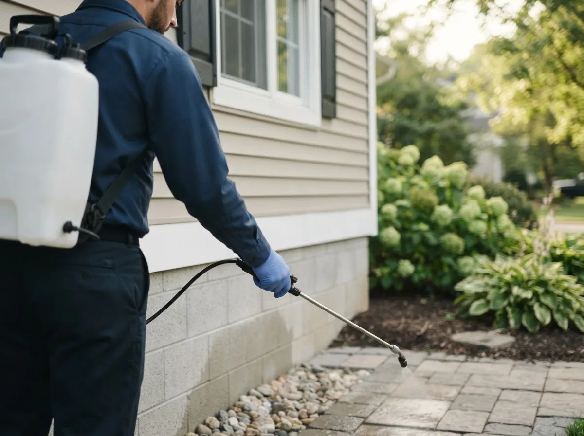 Pest control technician inspecting a home in Springville, IA